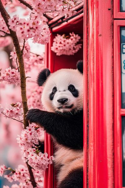 Panda in Telefonzelle mit Kirschblüten