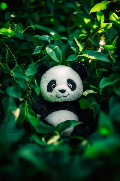 Panda-Teddybär im Blättermeer versteckt