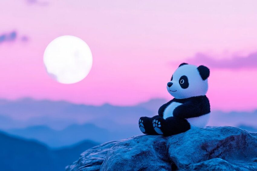 Panda-Teddybär unter Vollmondhimmel