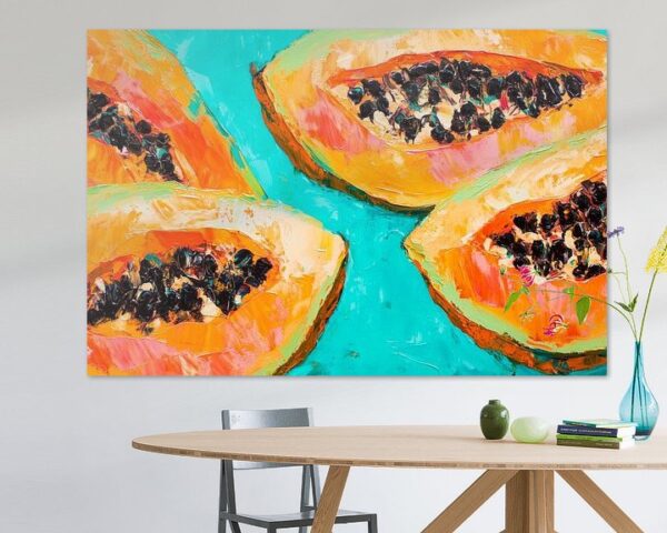 Papaya-Hälften auf aquamarinblau – Lebhaft