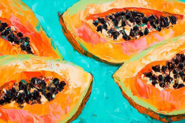 Papaya-Hälften auf aquamarinblau – Lebhaft