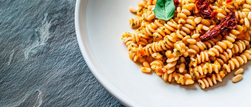 Pasta auf weißem Teller – Gourmet-Anrichtung