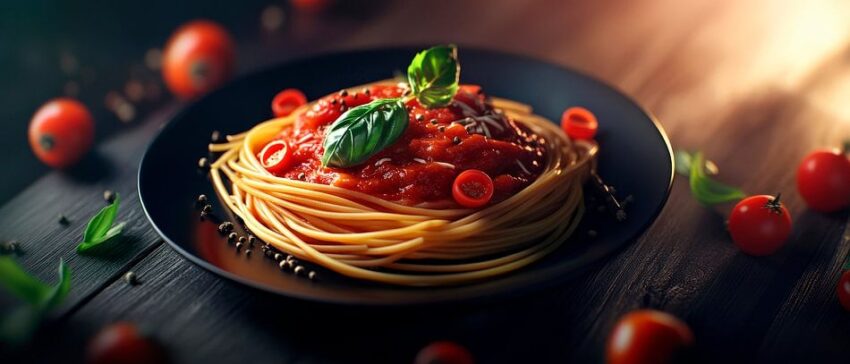 Pasta-Genuss auf dunklem Holz – Köstlich