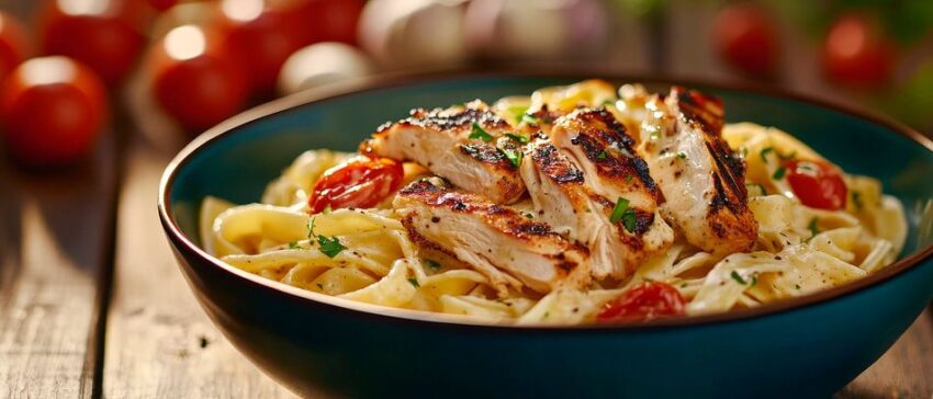 Pasta mit gegrilltem Hähnchen und Tomaten