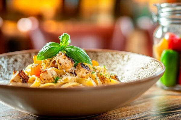 Pasta mit Hühnchen und frischem Basilikum