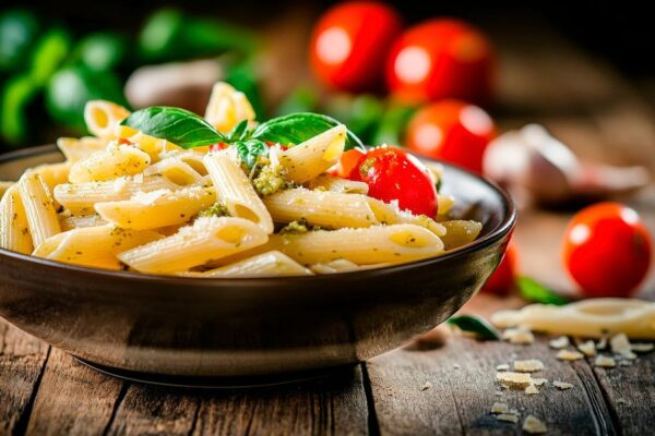 Pasta mit Tomaten und frischem Basilikum