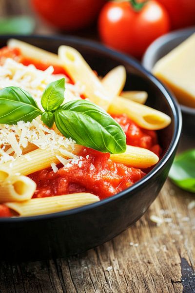 Pasta mit Tomatensauce und Basilikum