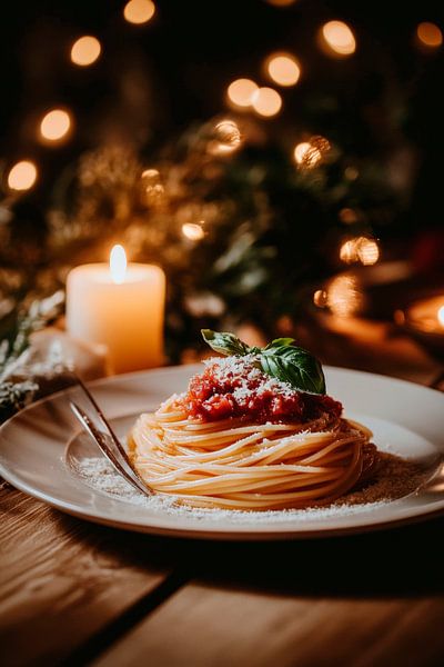 Pasta mit Tomatensauce und Kerzenlicht