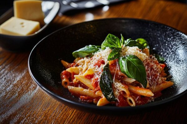 Penne mit Tomatensauce und Basilikum