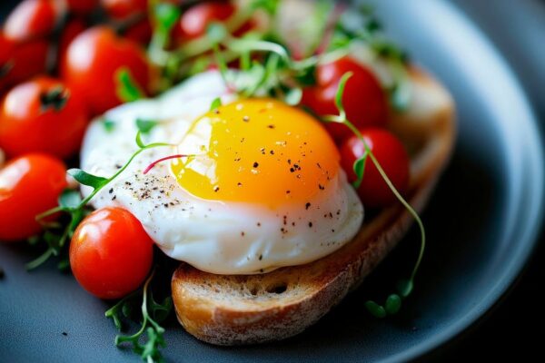 Perfekt pochiertes Ei auf Toast mit Tomaten