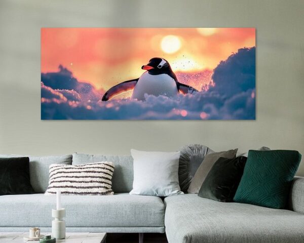 Pinguin im Schnee bei Sonnenuntergang