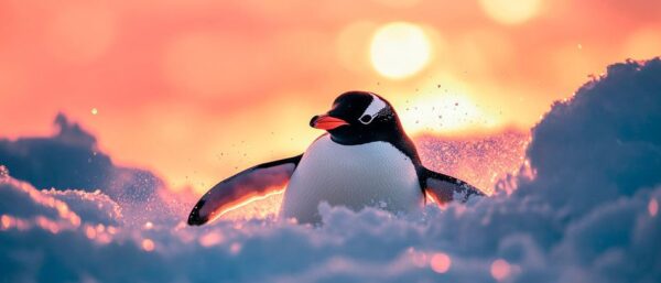 Pinguin im Schnee bei Sonnenuntergang