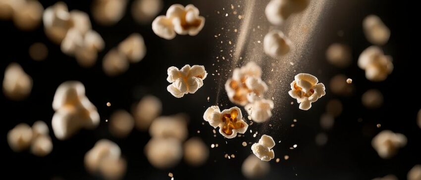 Popcorn-Explosion auf schwarzem Hintergrund