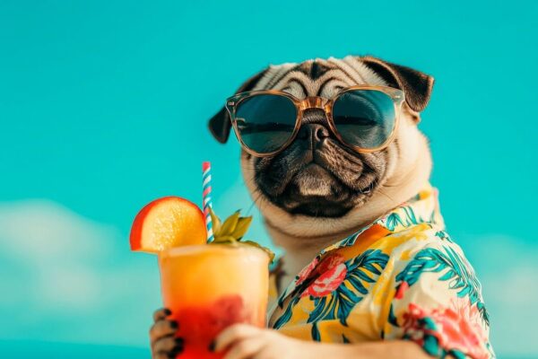 Pug mit Sonnenbrille am Strandcocktail