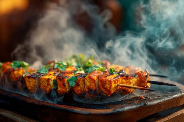 Rauchende Grillspieße mit frischen Kräutern