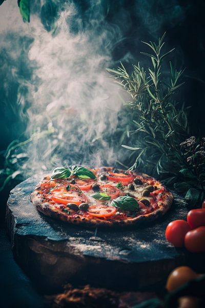 Rauchende Pizza mit frischen Kräutern