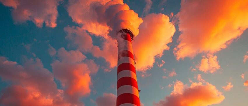 Rauchender Schornstein bei Sonnenuntergang