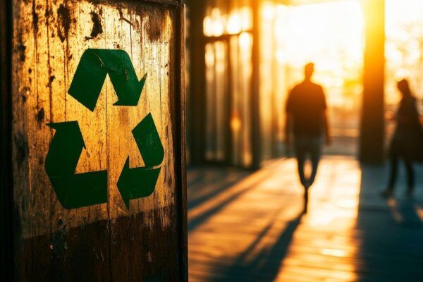 Recycling-Symbol vor Sonnenuntergang