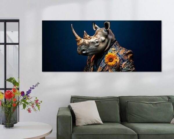 Rhino mit Anzug und Sonnenblume – Stilvoll