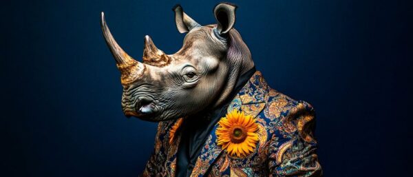 Rhino mit Anzug und Sonnenblume – Stilvoll