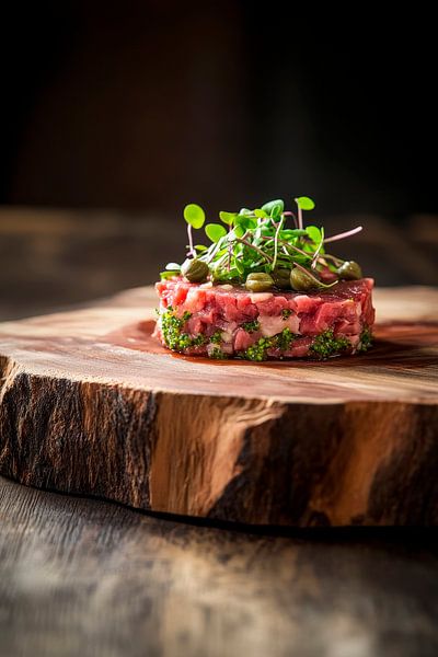 Rohes Rindfleisch-Tartar auf Holzplatte