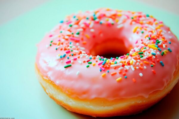 Rosafarbener Donut mit bunten Streuseln