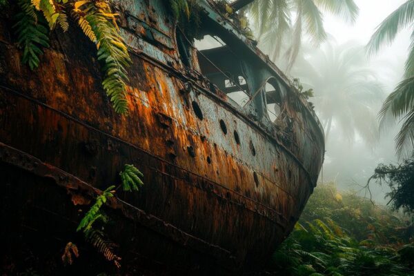 Rostiges Schiff in tropischer Vegetation