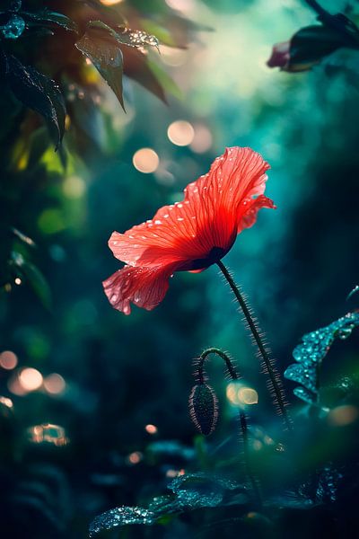 Rotblühende Mohnblume im Morgentau