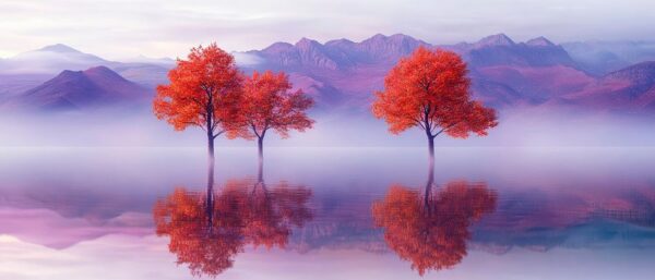 Rote Bäume im Nebel – Traumhaftes Landschaftsbild