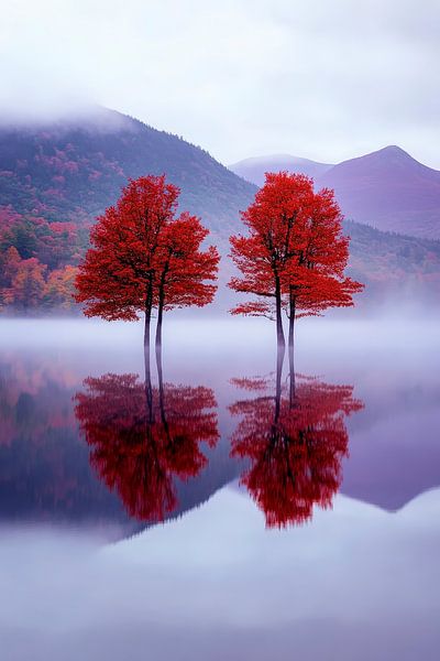 Rote Bäume im Nebelspiegel – Herbstlandschaft