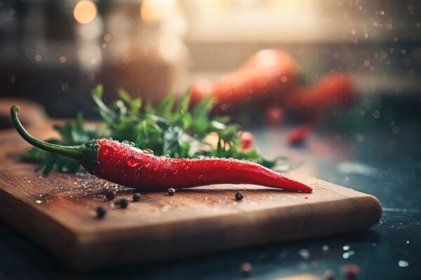 Rote Chili auf Holzbrett dekoriert