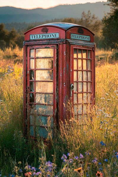 Rote Telefonzelle im Feld – Nostalgisch