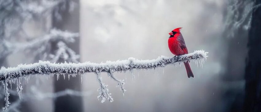 Roter Kardinal im winterlichen Wald