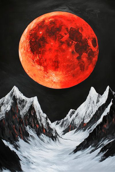 Roter Mond über schneebedeckten Gipfeln