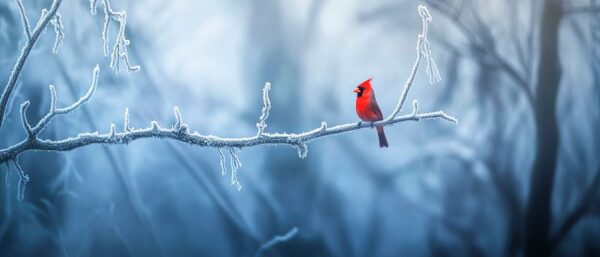 Roter Vogel auf eisigem Ast