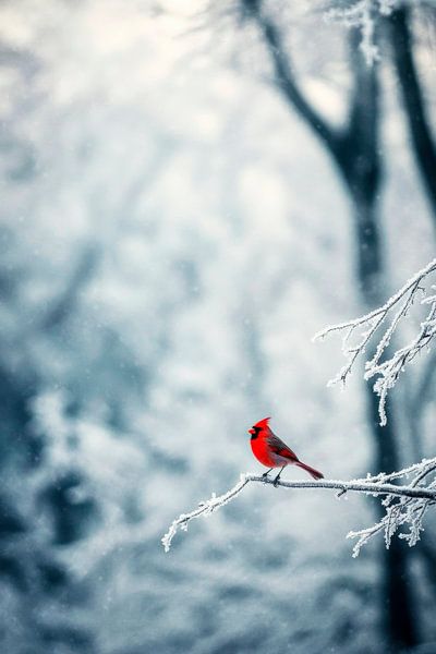 Roter Vogel auf frostigem Ast