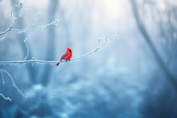 Roter Vogel im frostigen Winterwald