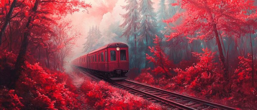 Roter Zug im nebligen Wald