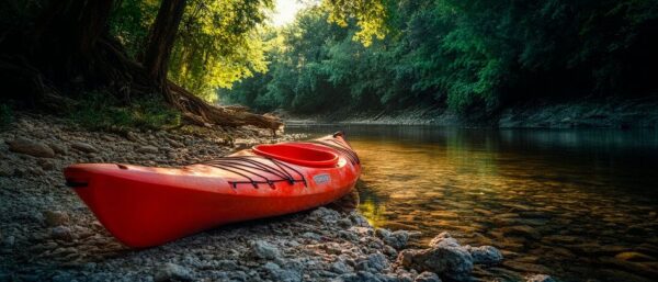 Rotes Kajak am Flussufer im Morgenlicht