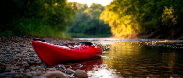 Rotes Kajak am ruhigen Flussufer