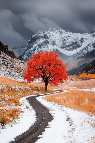 Rotlaubbaum in der Winterlandschaft