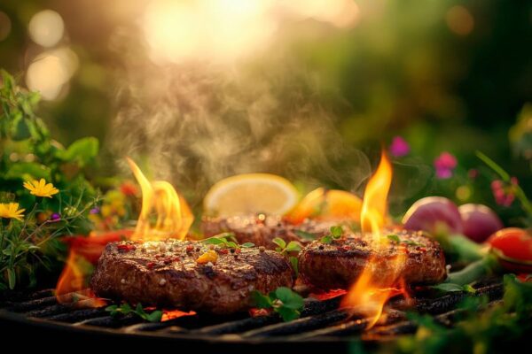 Saftige Steaks auf dem Grill bei Sonnenuntergang