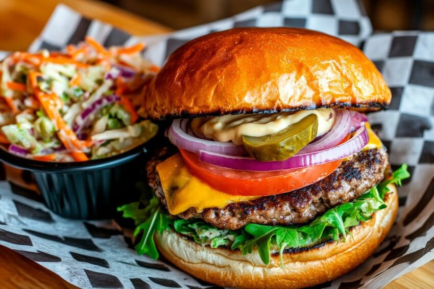 Saftiger Burger mit Beilagensalat