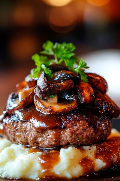 Saftiger Burger mit Pilzsoße und Püree