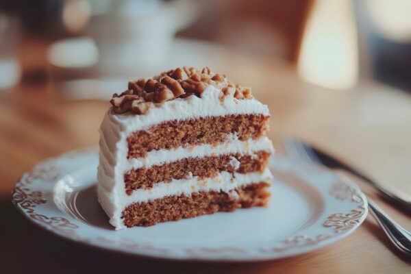 Saftiges Karottenkuchenstück mit Nüssen