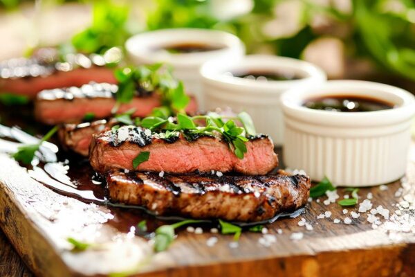 Saftiges Steak mit Kräutern und Saucen