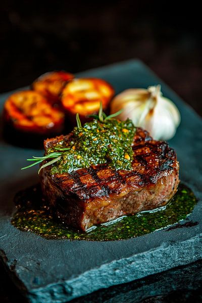 Saftiges Steak mit Kräutersoße und Gemüse