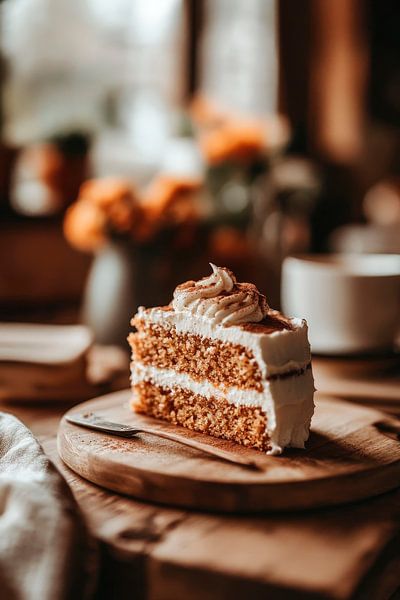 Saftiges Stück Kuchen auf Holzbrett