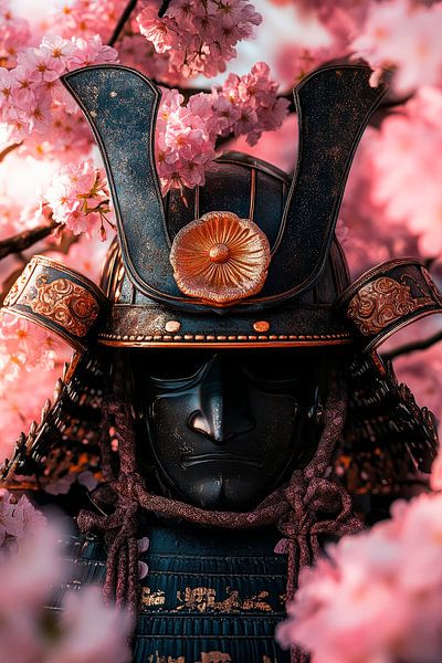 Samurai-Held zwischen Kirschblüten