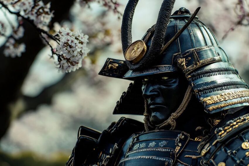 Samurai-Krieger unter Kirschblüten